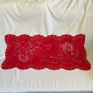 Red Crochet Christmas Table Runner With Candle & Holly Design